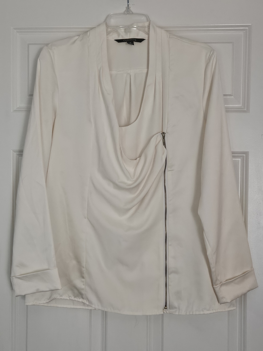Chadwicks Cream Draped Zip-Accent Button Down Blouse Size 14